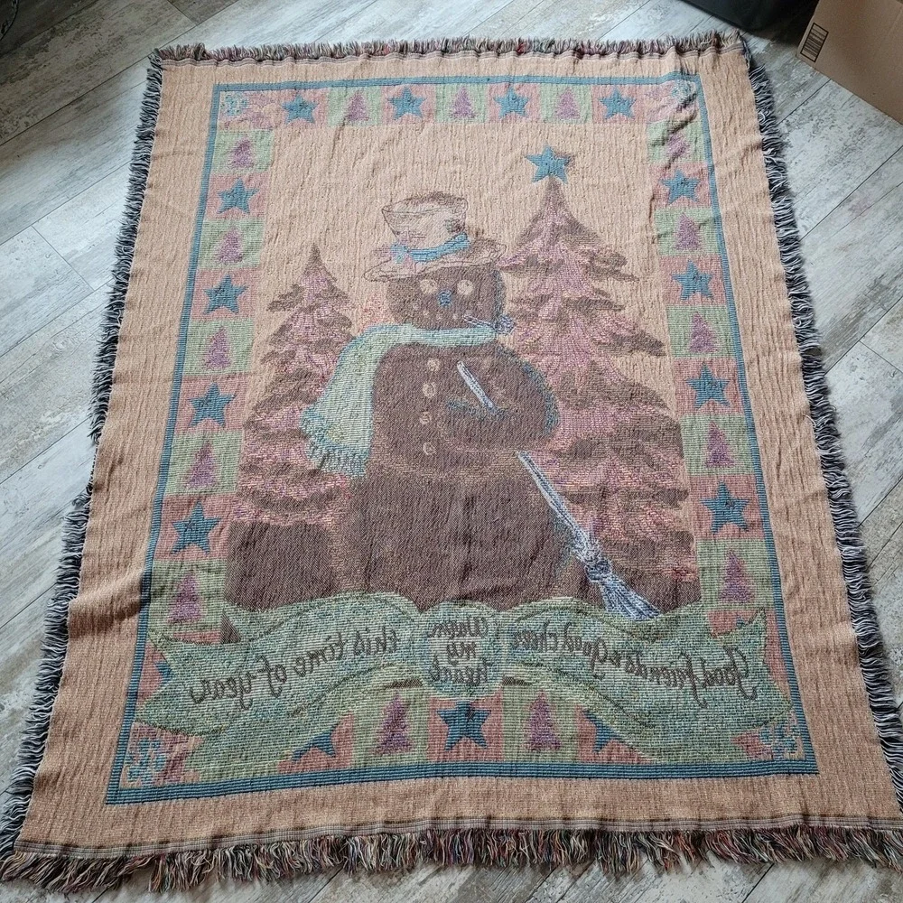 Vintage Home Interiors Throw Blanket Holiday Snowman Tapestry‎ 50x60 Made In USA